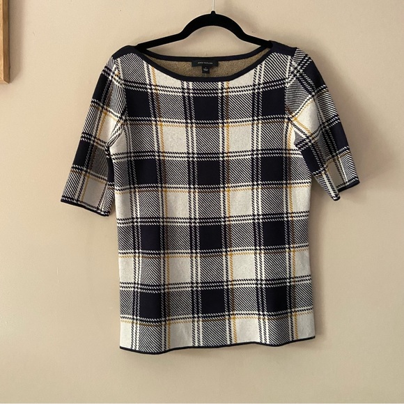 Ann Taylor• black yellow/orange fall plaid wool blend short sleeve top - Picture 4 of 13